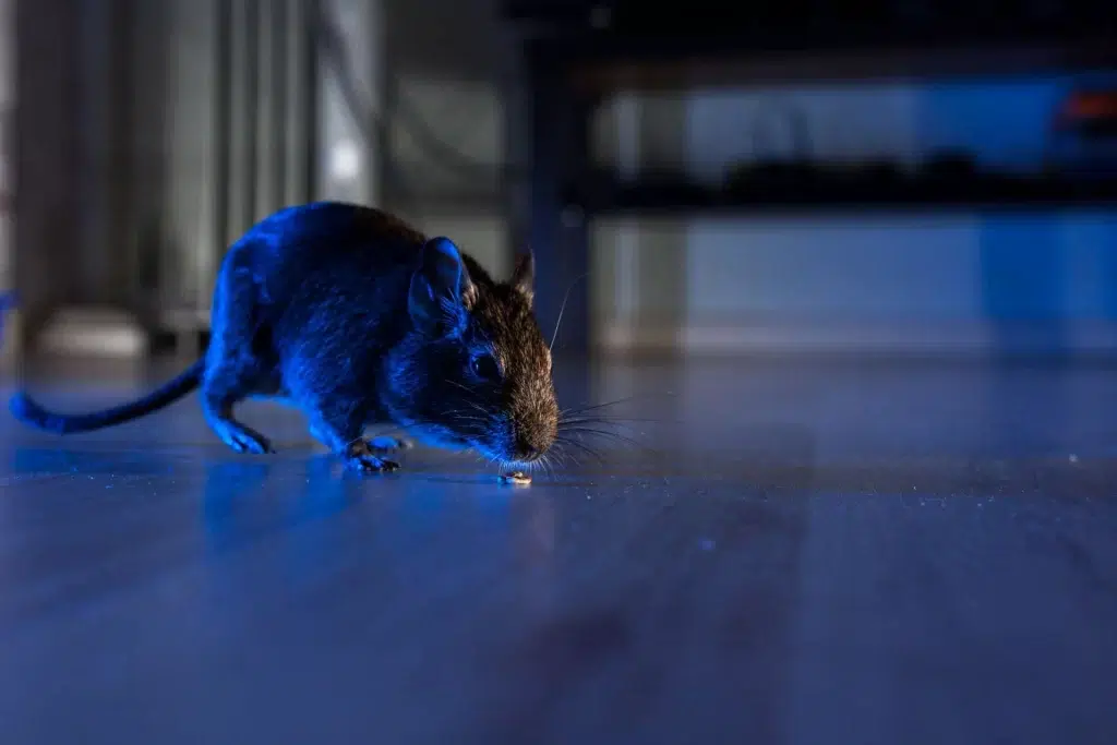 A rodent lurking in the darkness on the floor of a home's living room